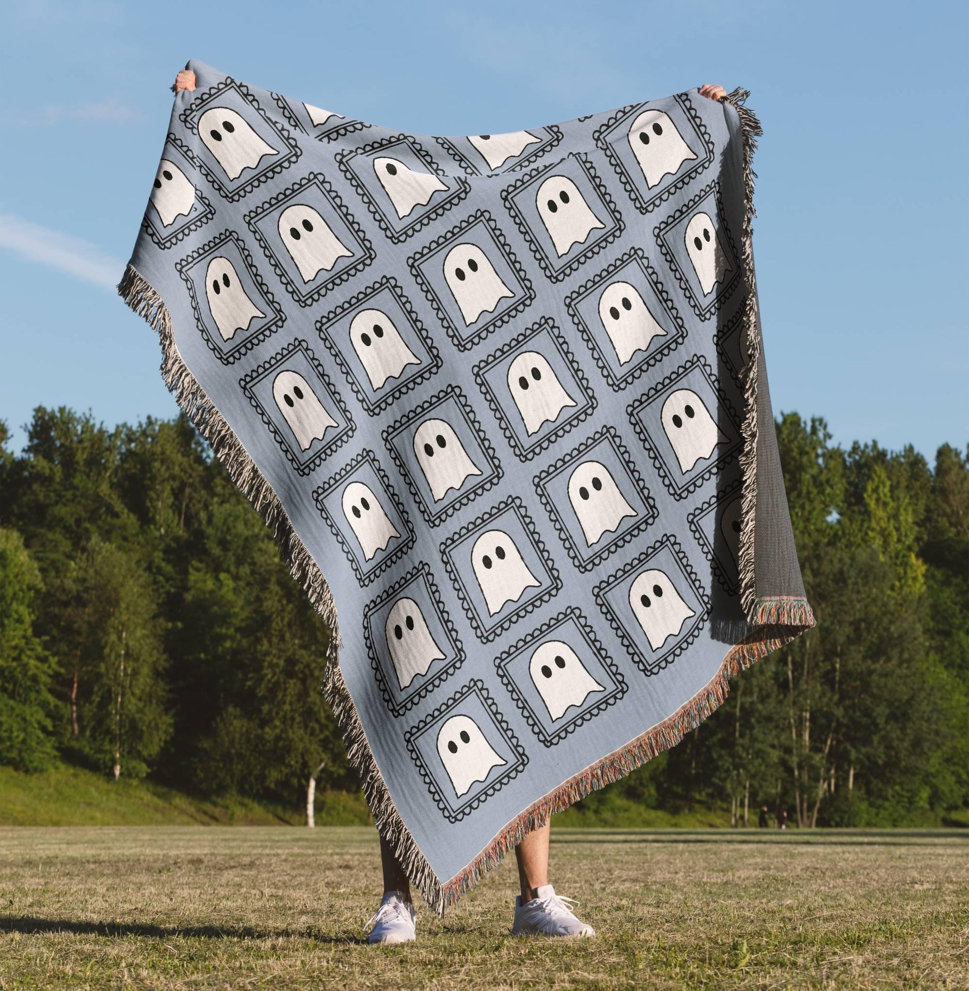 Blue Kawaii Ghost Woven Blanket - Oh Happy Blankets