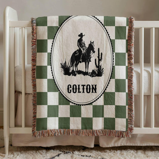 Green Cowboy Nursery Woven Blanket