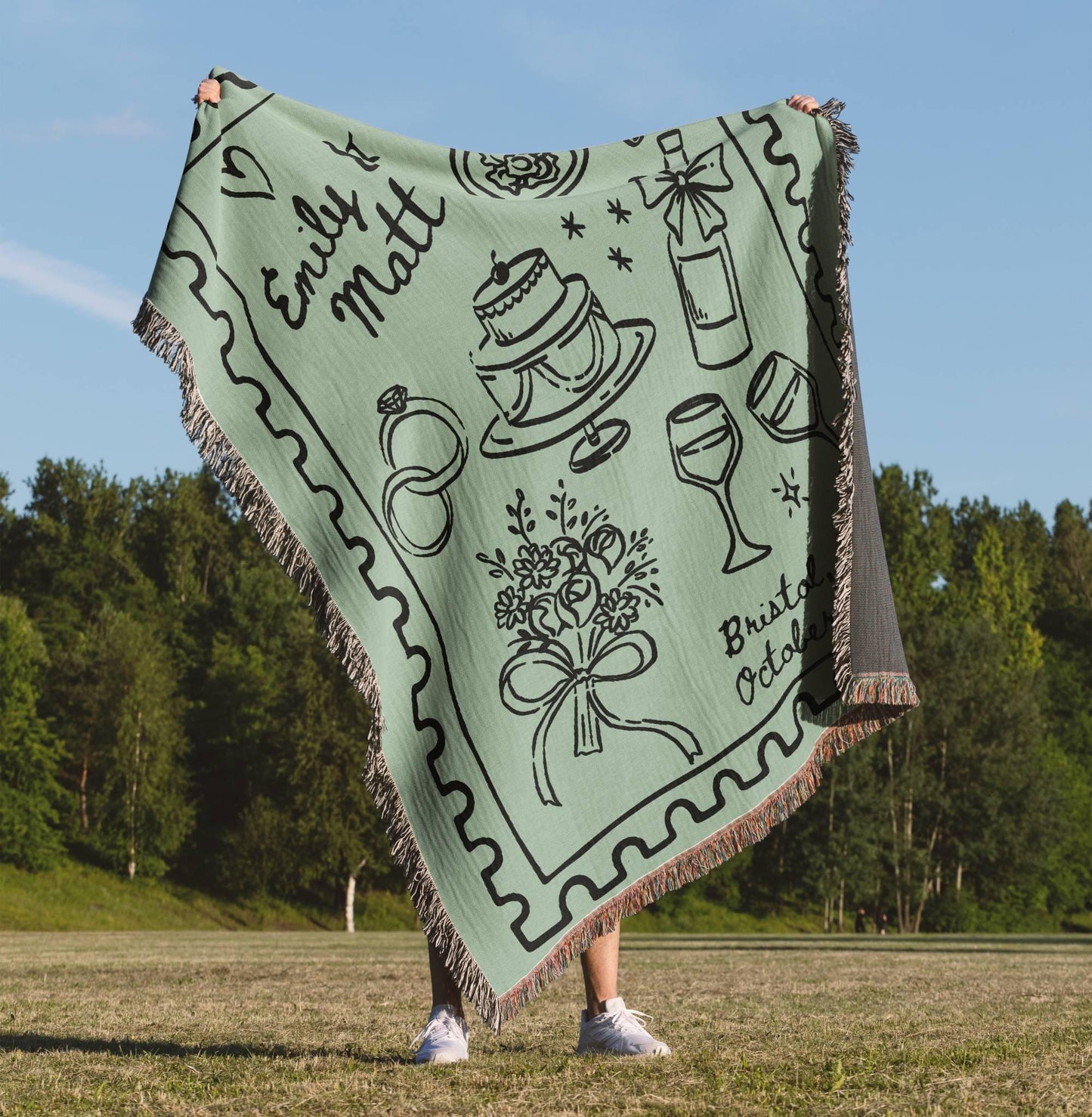 Sage Green Wedding Stamp Woven Blanket