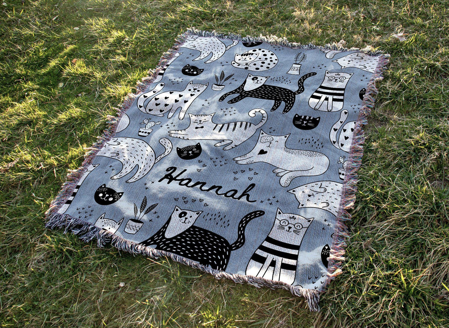 Personalized Black and White Cat Woven Blanket