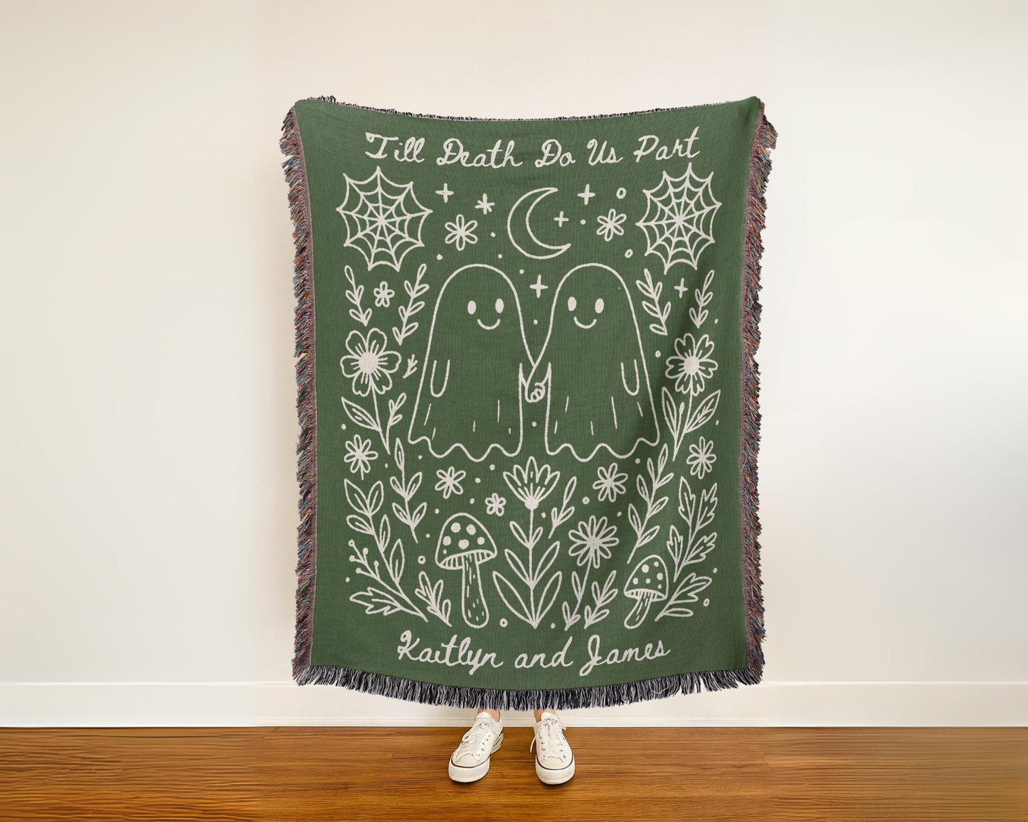 Custom Woven Halloween Blanket with Kawaii Ghost Couple
