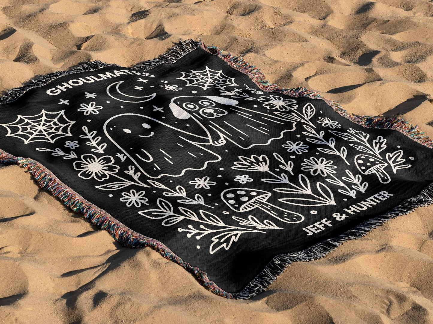 Custom Halloween Woven Blanket with Kawaii Ghost & Dog Ghost “Ghoulmates”