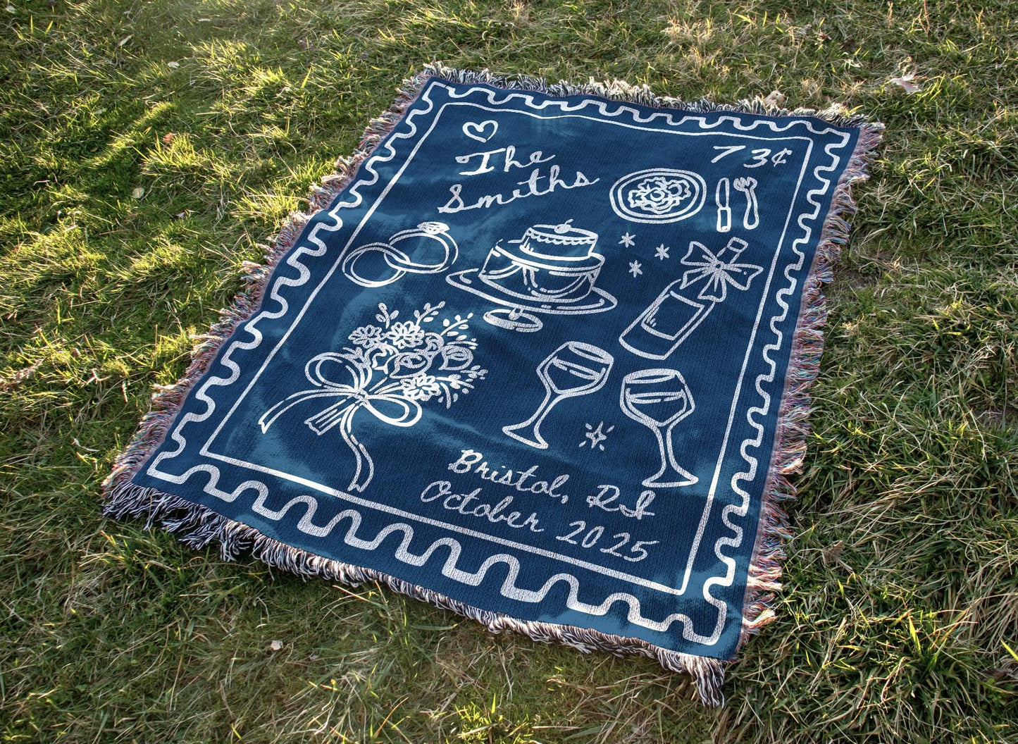 Blue Wedding Stamp Woven Blanket
