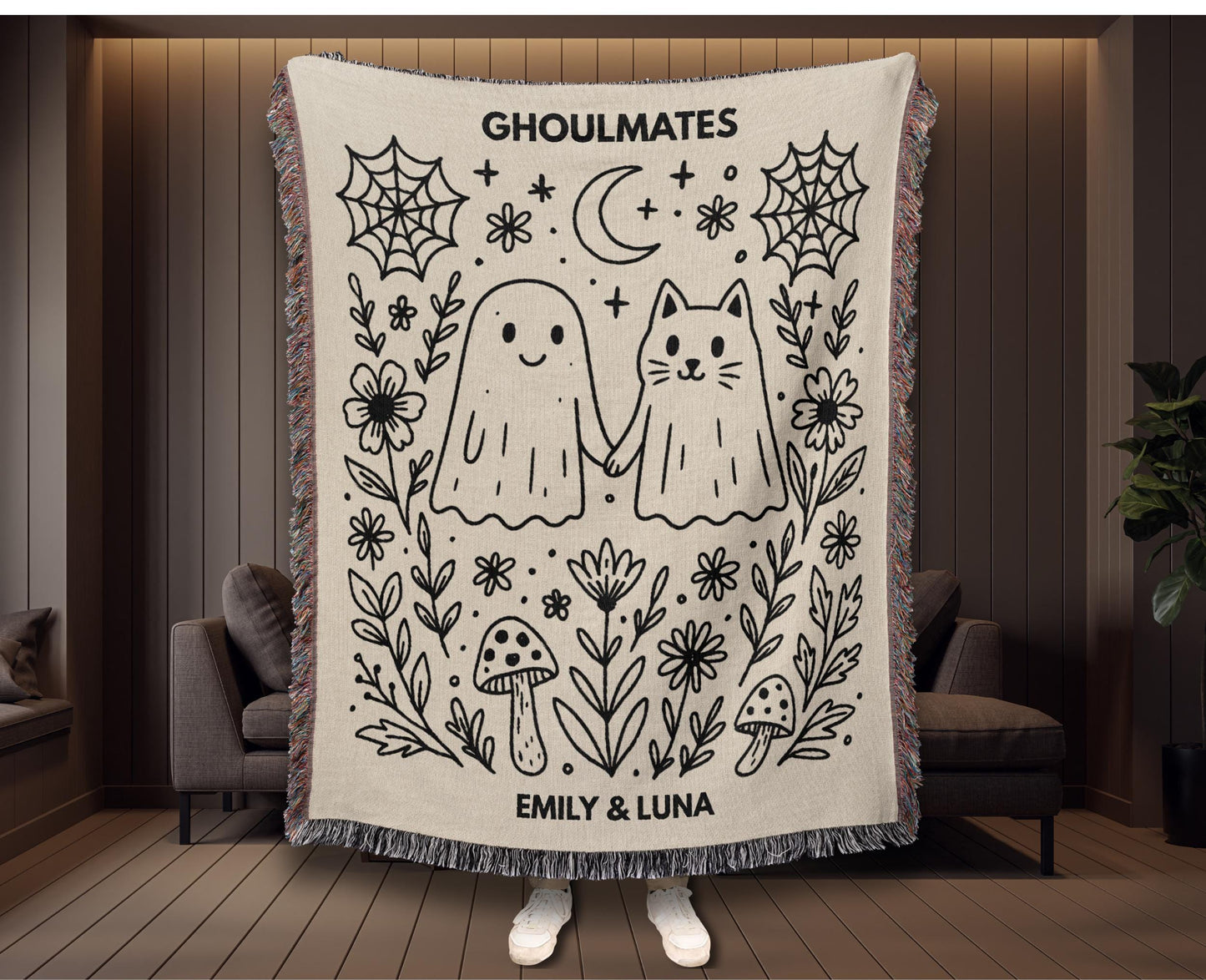 Custom Ghost Cat Ghoulmates Woven Blanket