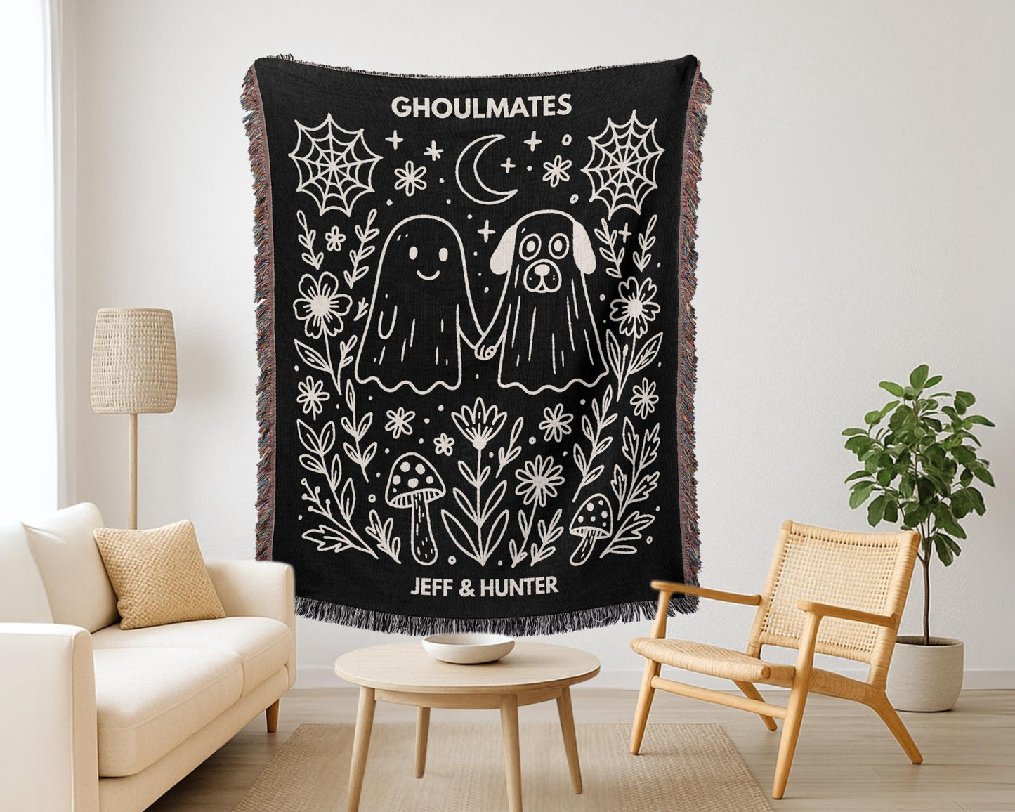 Custom Halloween Woven Blanket with Kawaii Ghost & Dog Ghost “Ghoulmates”