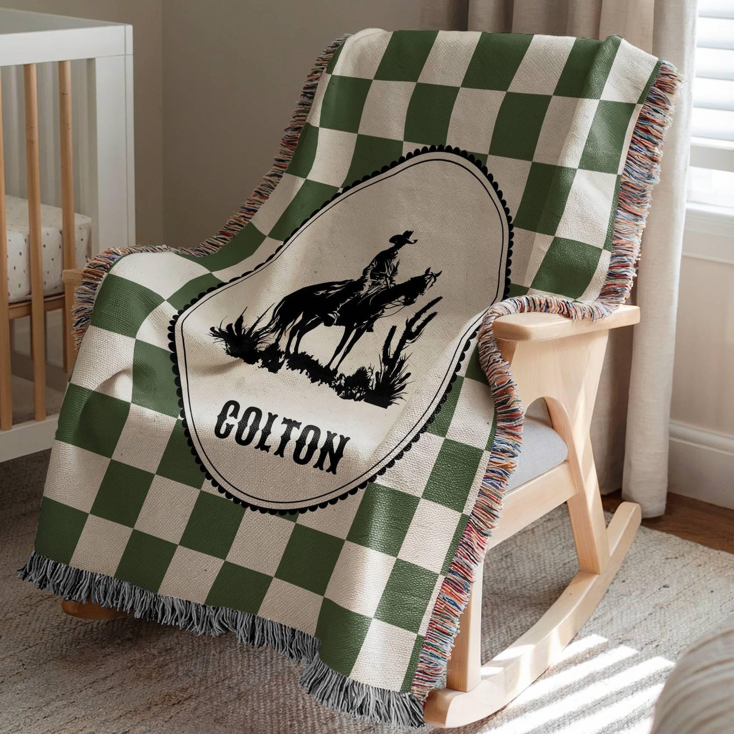 Green Cowboy Nursery Woven Blanket