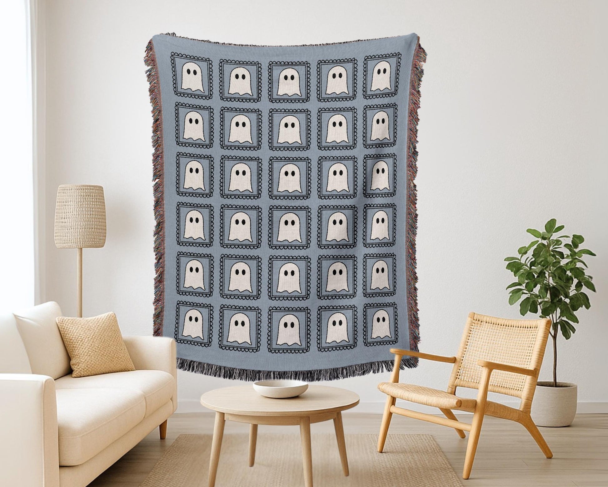 Blue Kawaii Ghost Woven Blanket - Oh Happy Blankets