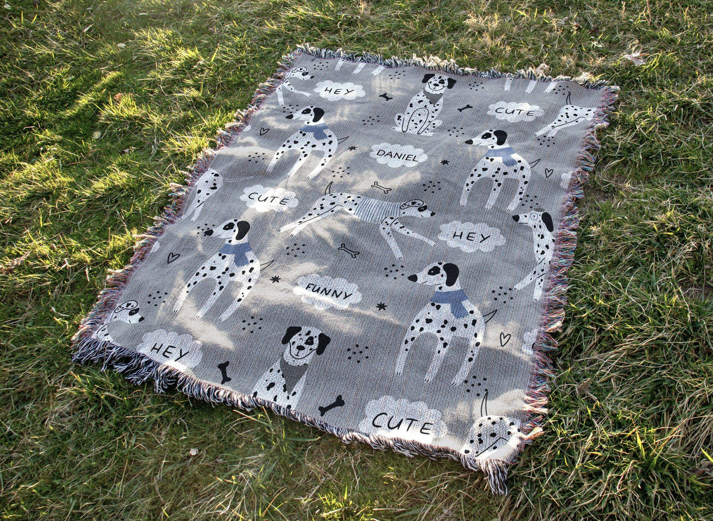 Personalized Dalmatian Dog Woven Blanket in Gray