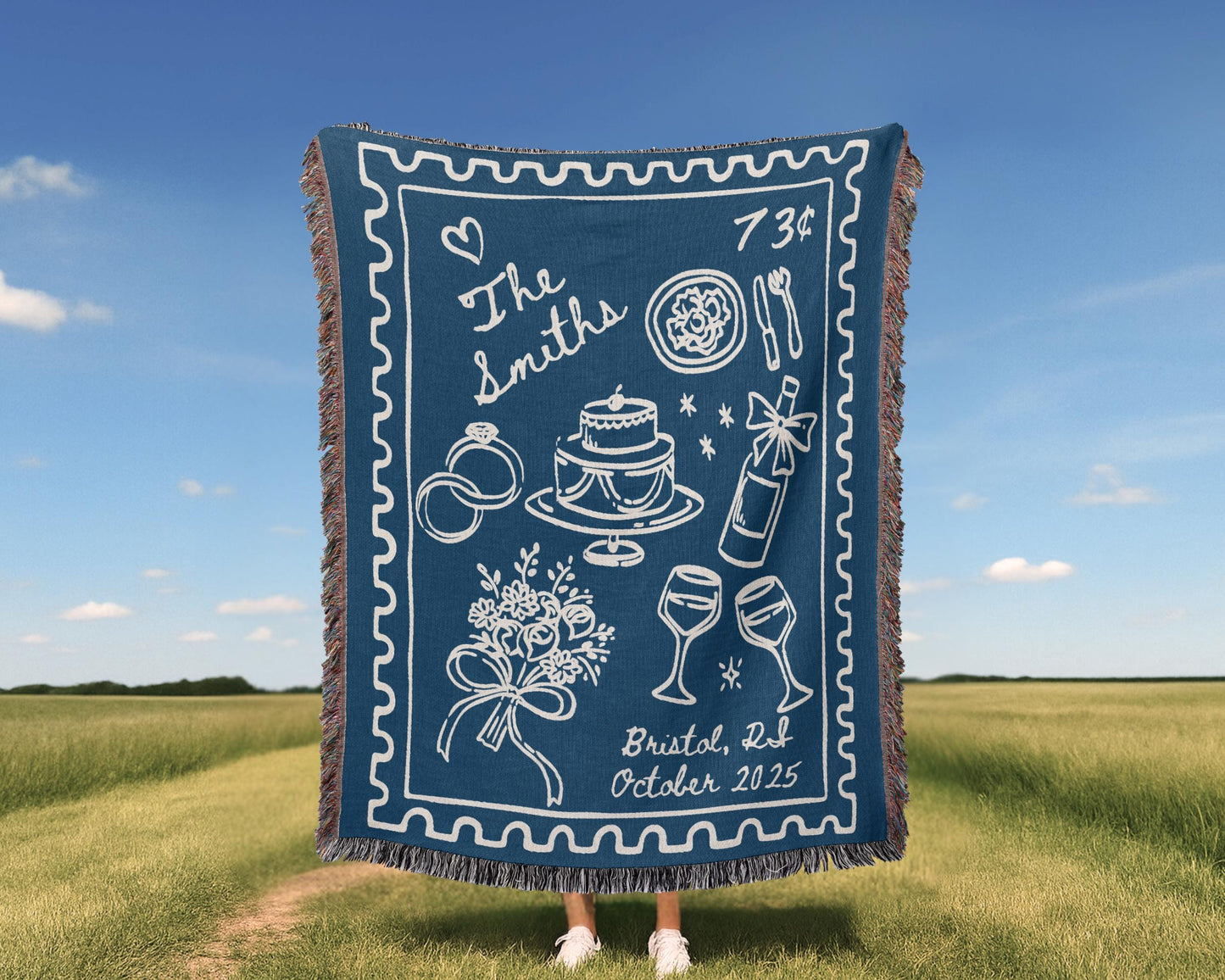 Blue Wedding Stamp Woven Blanket