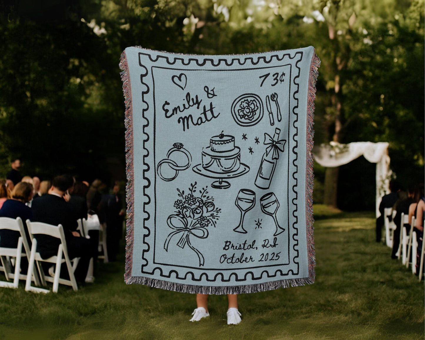 Light Blue Wedding Stamp Woven Blanket