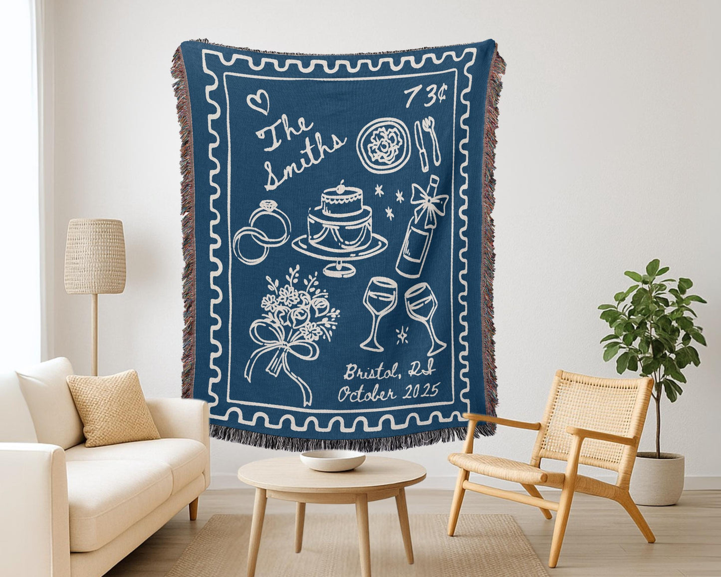 Blue Wedding Stamp Woven Blanket