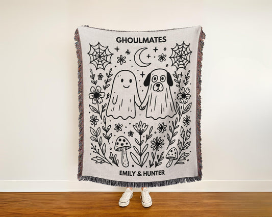 Halloween-themed custom woven blanket with personalized text 100% cotton decorative fringe edges