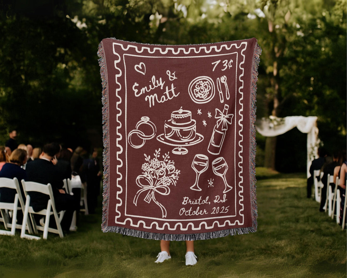 Cherry Red Wedding Stamp Woven Blanket
