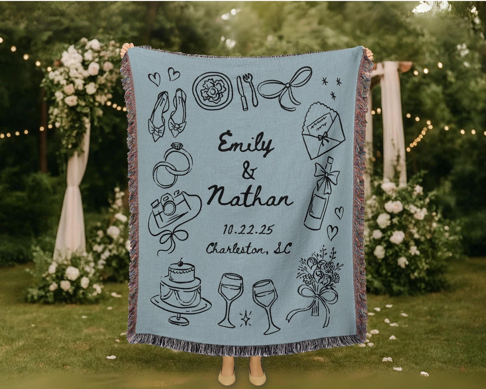 Light Blue Wedding Stamp Woven Blanket - Oh Happy Blankets