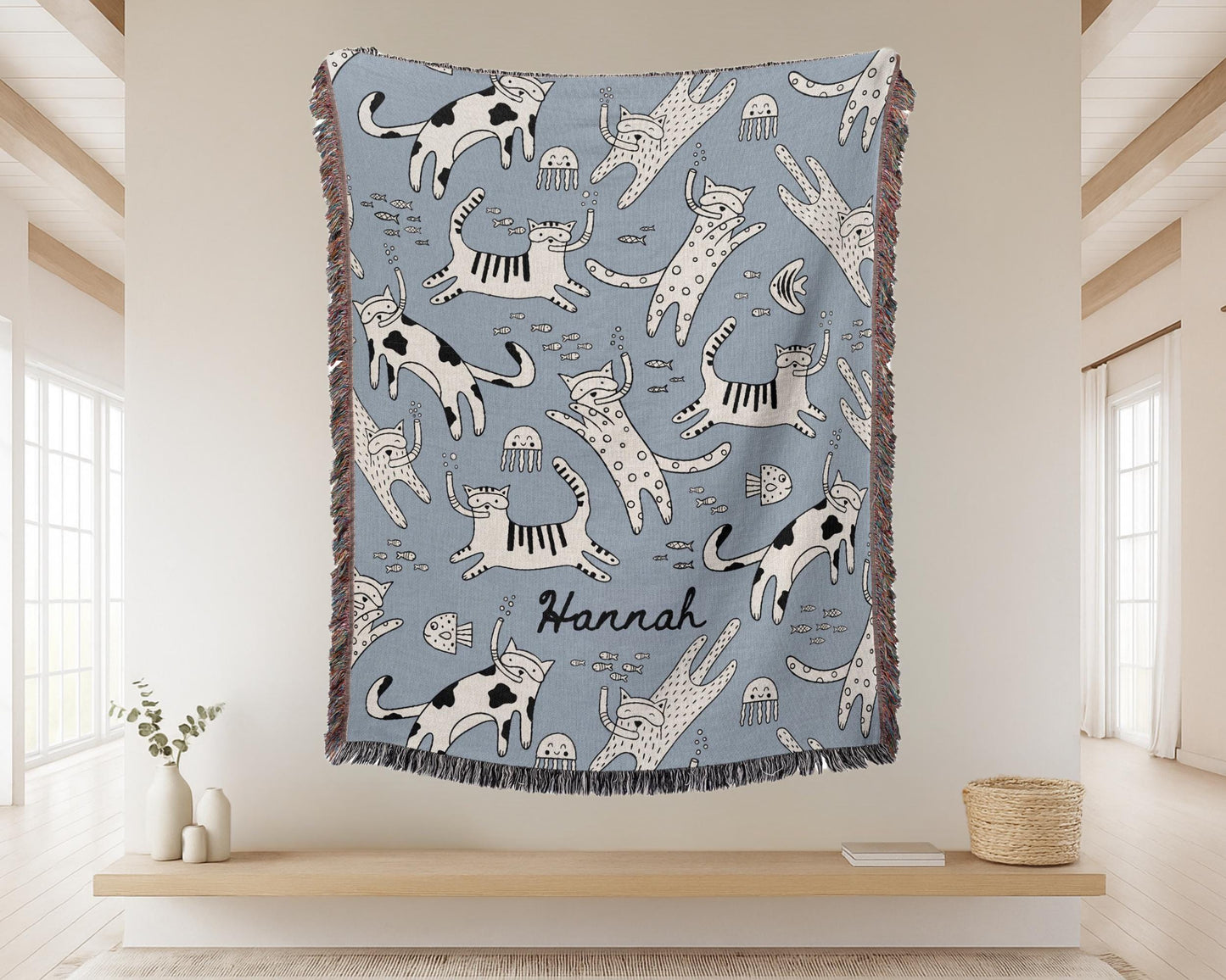 Personalized Cat Woven Blanket – Blue with Custom Name