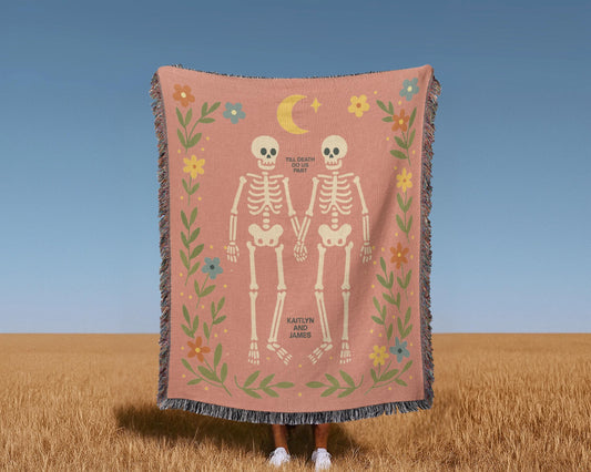 Gothic skeleton couple custom woven blanket with personalized text 100% cotton decorative fringe edges