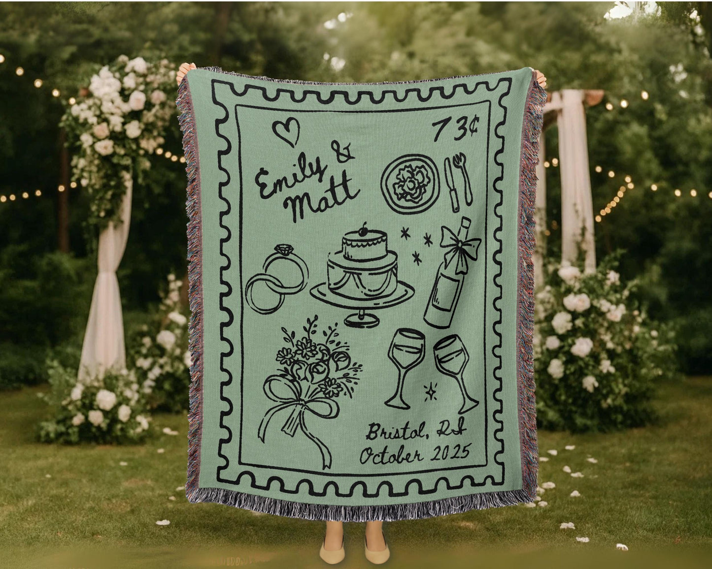 Sage Green Wedding Stamp Woven Blanket