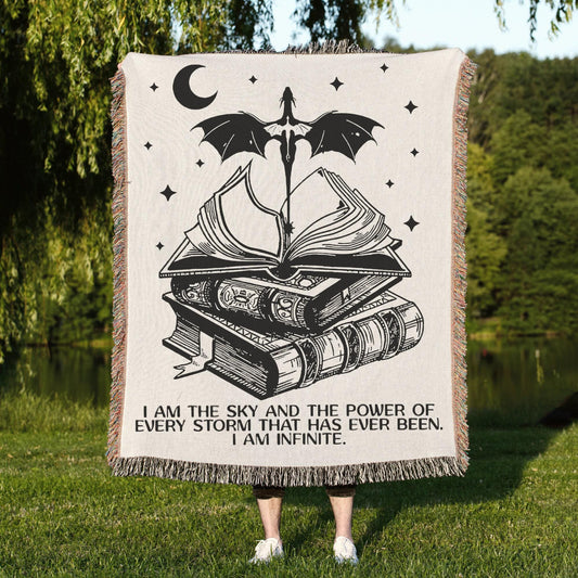 Fantasy Reader Gift: Dragon Bookish Fantasy Themed Woven Blanket featuring detailed artwork, ideal present for enthusiasts and collectors.