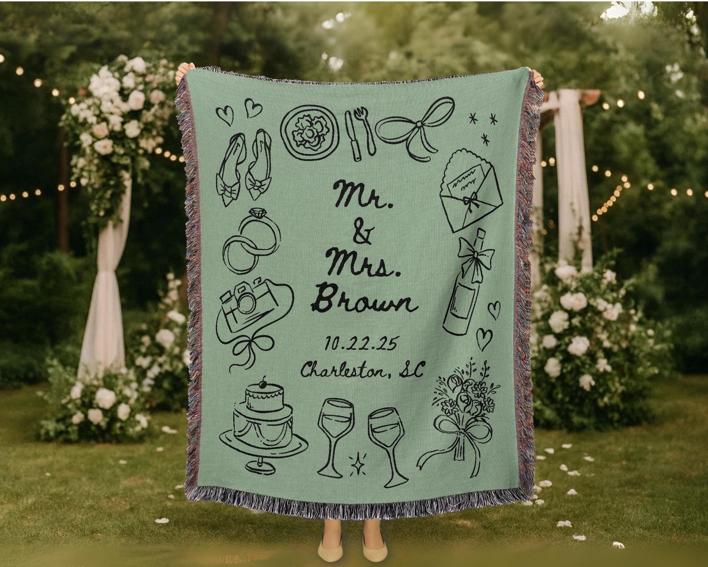 Sage Green Wedding Stamp Woven Blanket