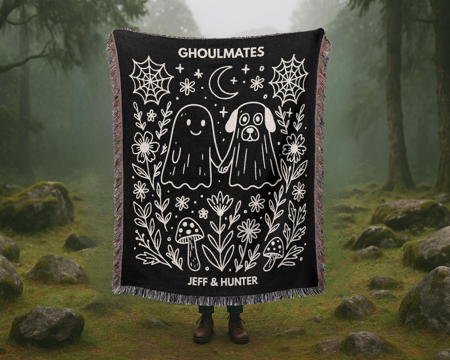 Custom Halloween Woven Blanket with Kawaii Ghost & Dog Ghost “Ghoulmates”