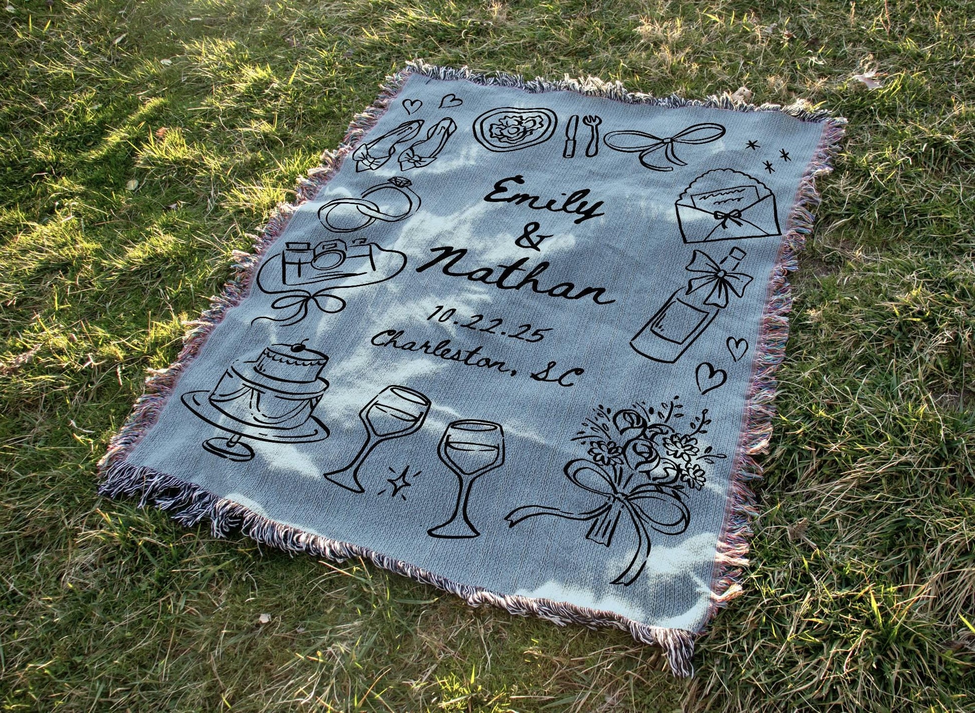 Light Blue Wedding Stamp Woven Blanket - Oh Happy Blankets