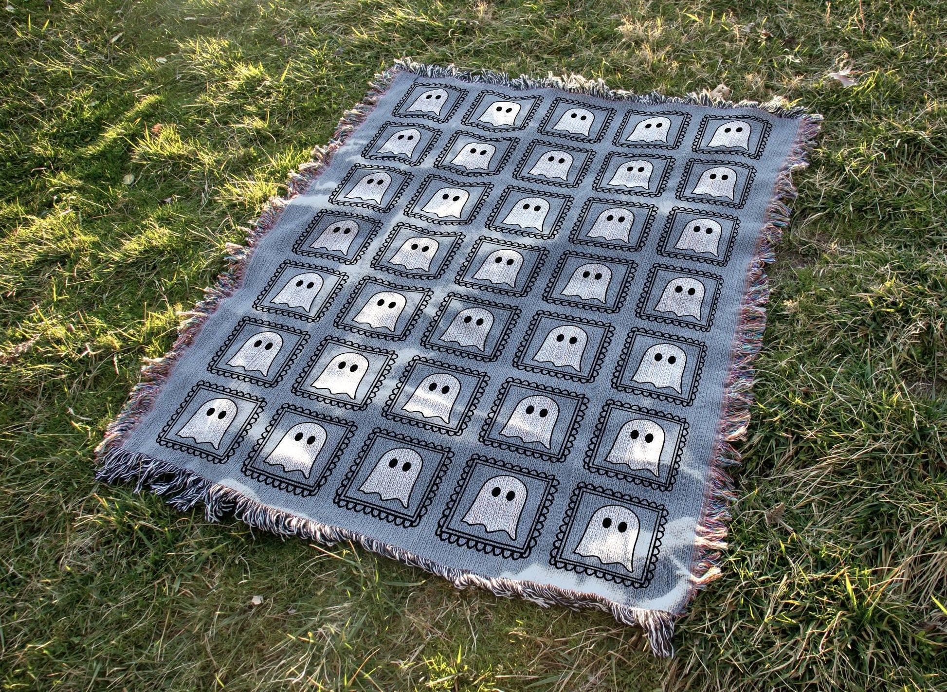 Blue Kawaii Ghost Woven Blanket - Oh Happy Blankets