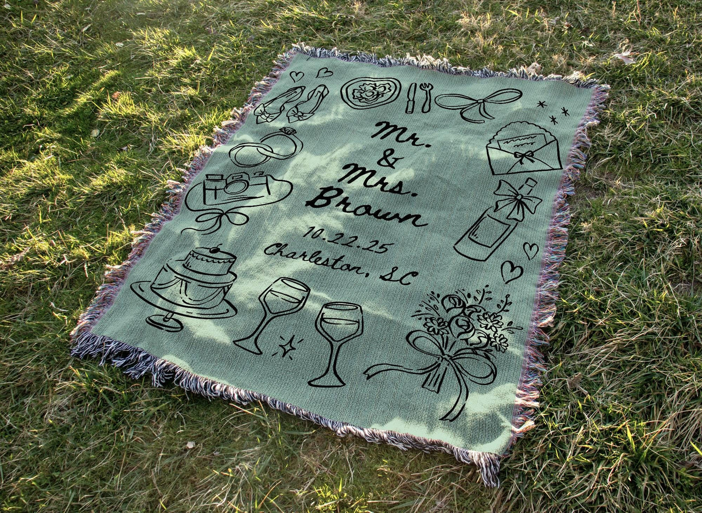 Sage Green Wedding Stamp Woven Blanket