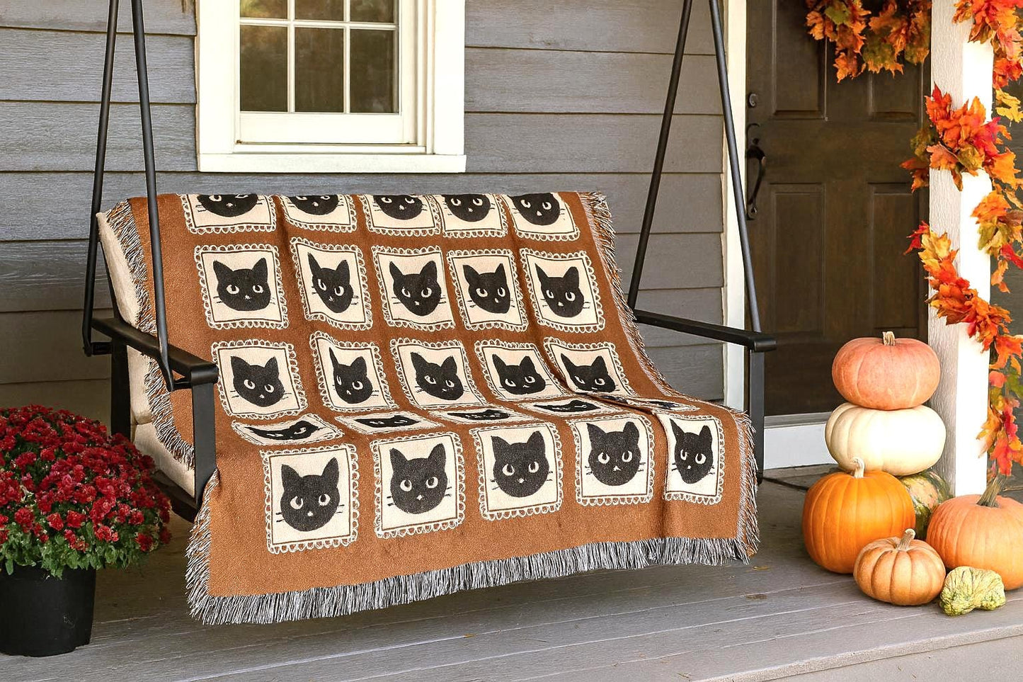 Orange Black Cat Woven Blanket