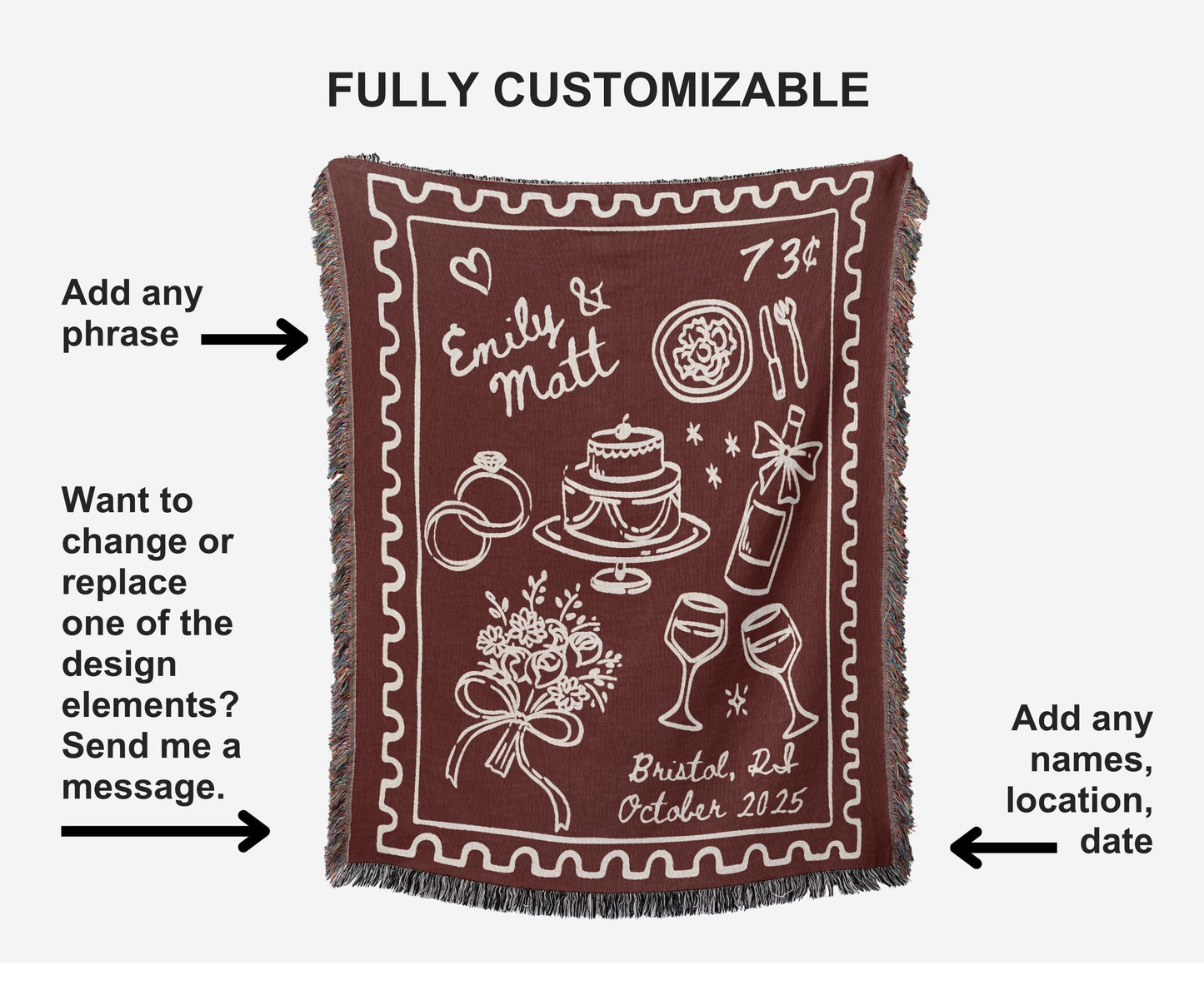 Cherry Red Wedding Stamp Woven Blanket