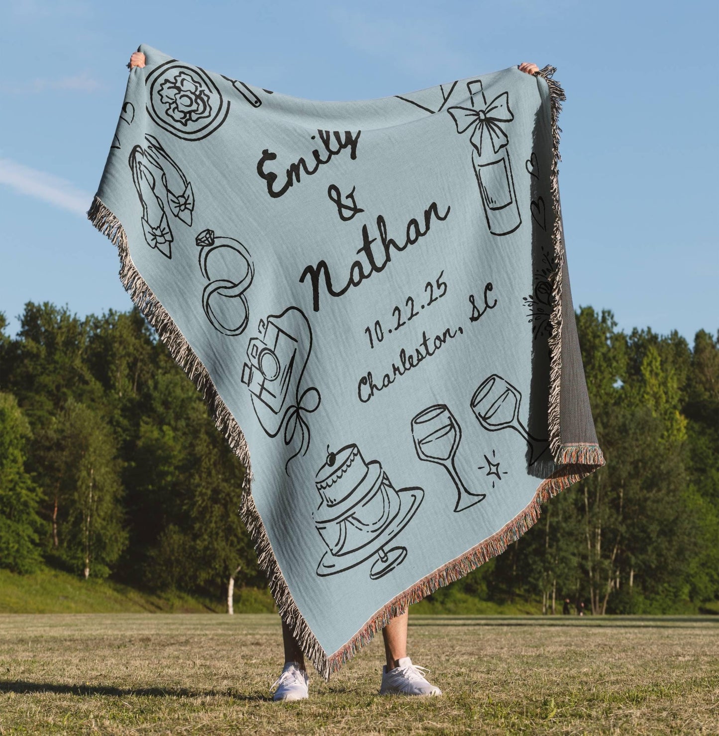 Light Blue Wedding Stamp Woven Blanket
