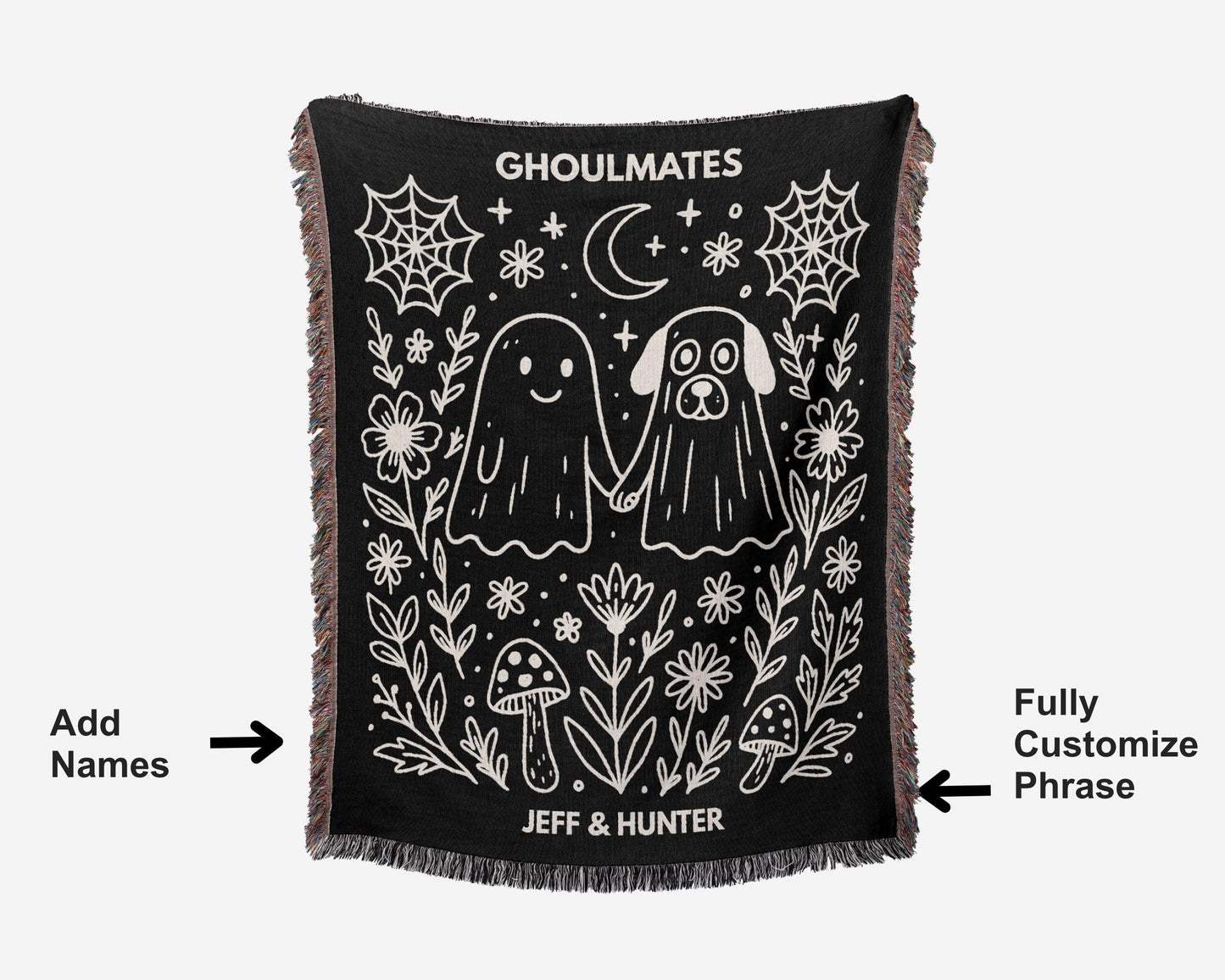 Custom Halloween Woven Blanket with Kawaii Ghost & Dog Ghost “Ghoulmates”