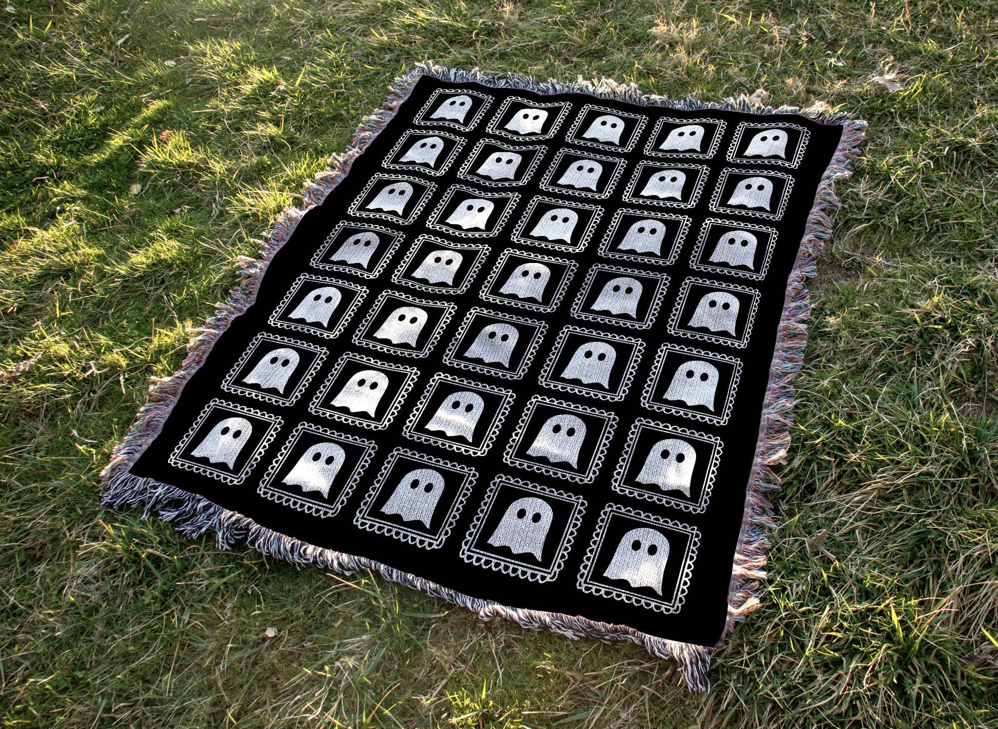 Black Halloween Ghost Woven Blanket - Oh Happy Blankets