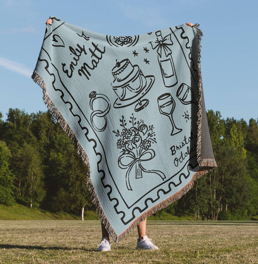 Light Blue Wedding Stamp Woven Blanket - Oh Happy Blankets