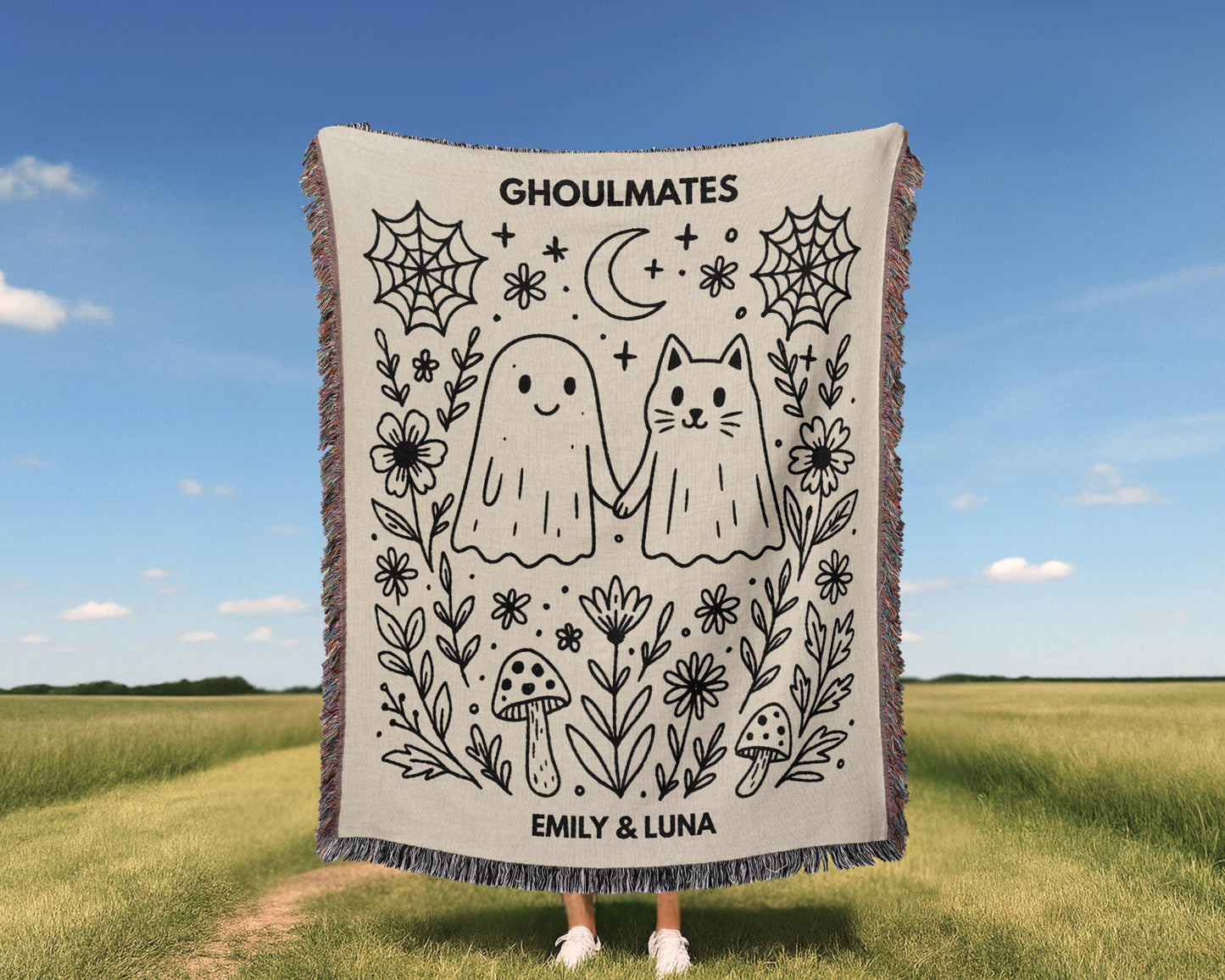 Custom Ghost Cat Ghoulmates Woven Blanket