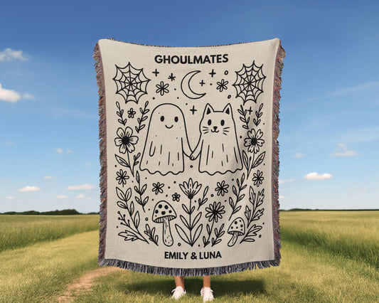 Premium woven cotton blanket showcasing kawaii ghost cat floating, cute feline spirit form, mystical purple aura with adorable feline spirit in kawaii ghost form with mystical aura, featuring decorative fringe and soft tapestry texture