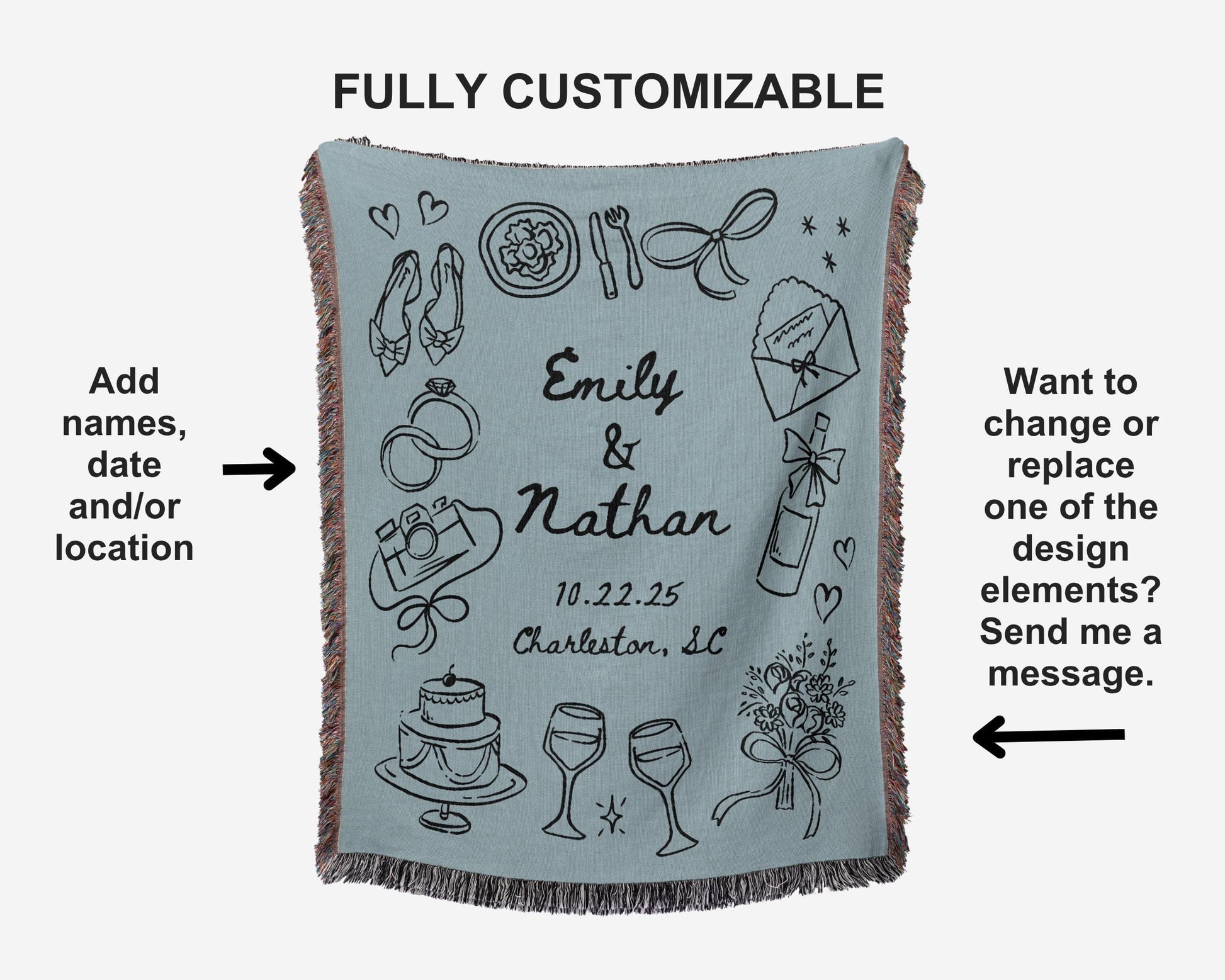 Light Blue Wedding Stamp Woven Blanket - Oh Happy Blankets