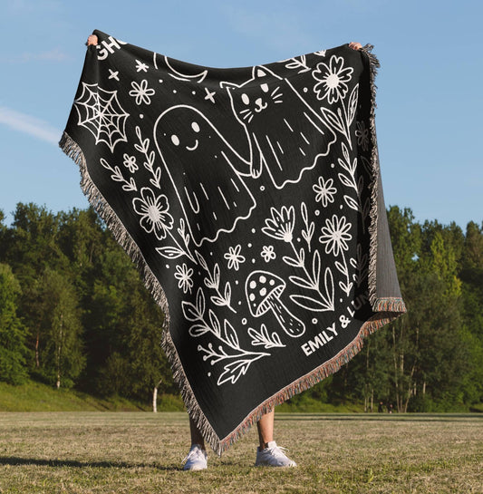 Premium woven cotton blanket showcasing spectral cat companion, ghost figure with feline, purple mystical background with supernatural cat friendship with mystical purple night scene, featuring decorative fringe and soft tapestry texture