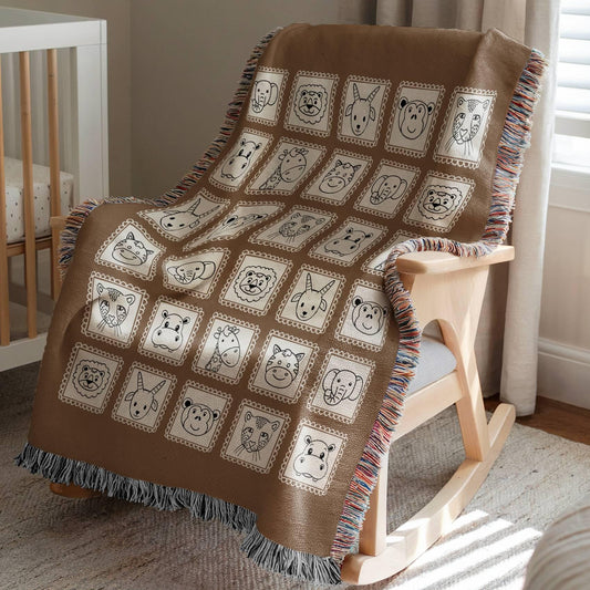 Brown Safari Animals Woven Blanket