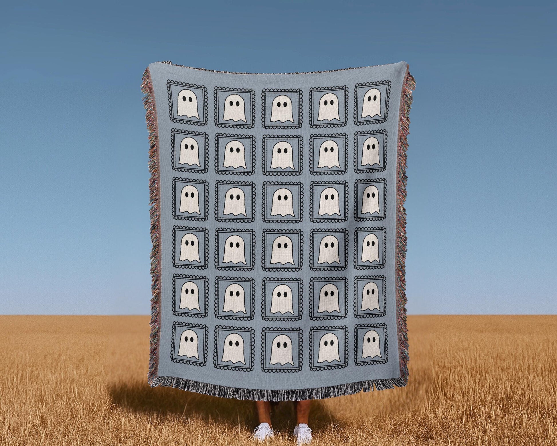 Blue Kawaii Ghost Woven Blanket - Oh Happy Blankets