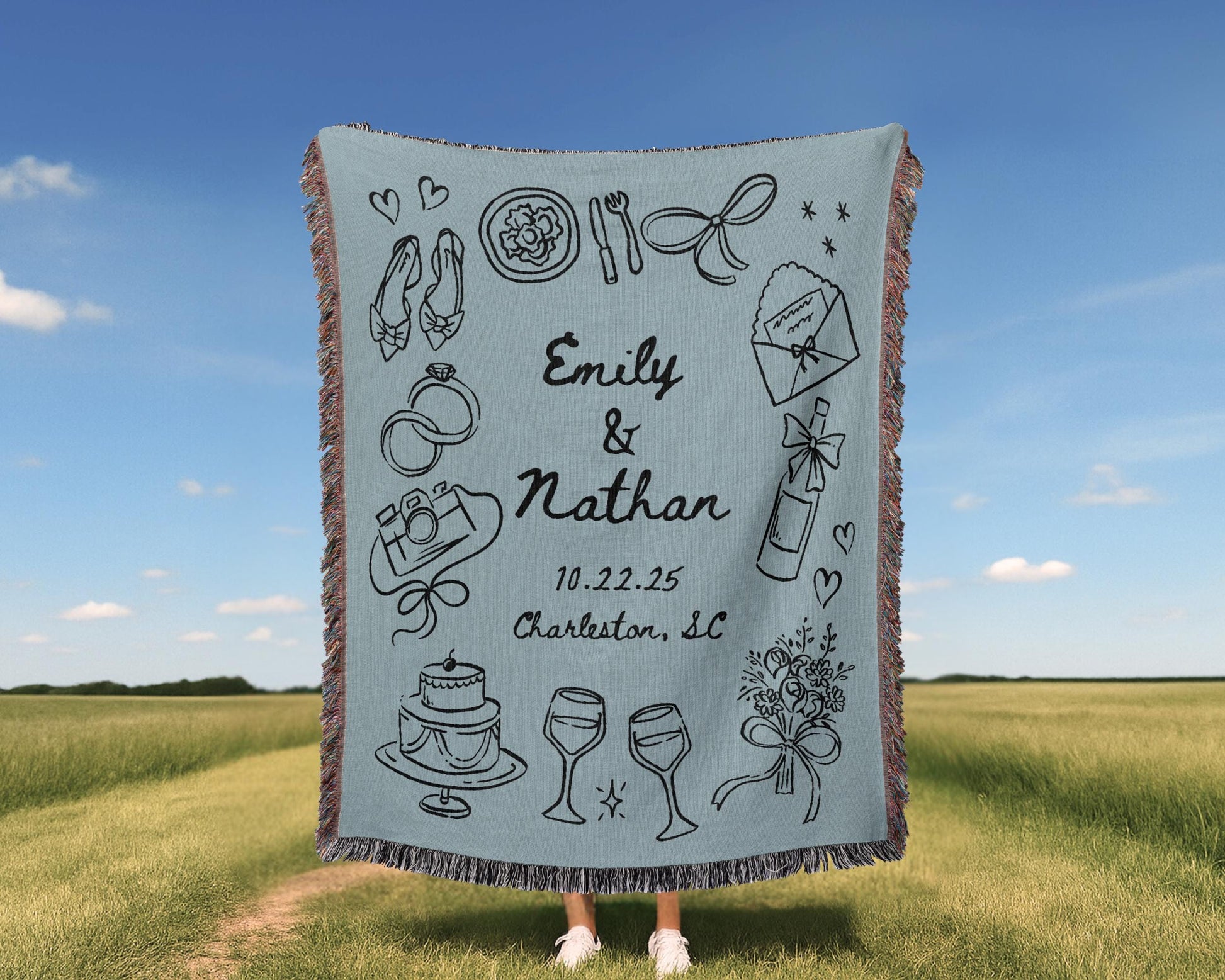 Light Blue Wedding Stamp Woven Blanket - Oh Happy Blankets