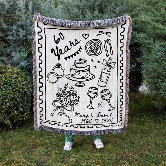 Diamond Anniversary Gift: 60th Wedding Woven Blanket featuring Names woven blanket, cozy gift for celebrating love.