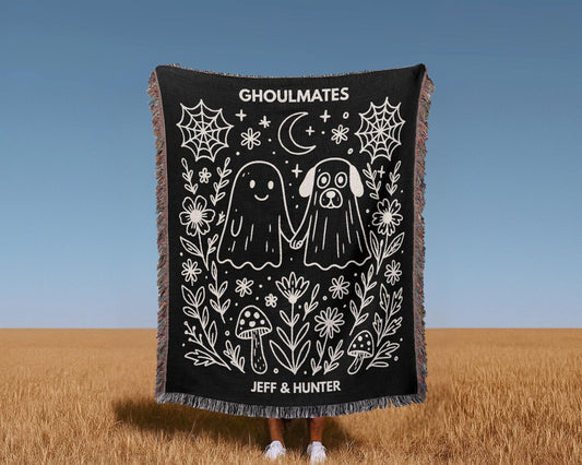 Premium woven cotton blanket showcasing kawaii ghost dog floating, cute puppy spirit form, soft pastel colors with adorable puppy spirit in kawaii ghost form with soft pastels, featuring decorative fringe and soft tapestry texture