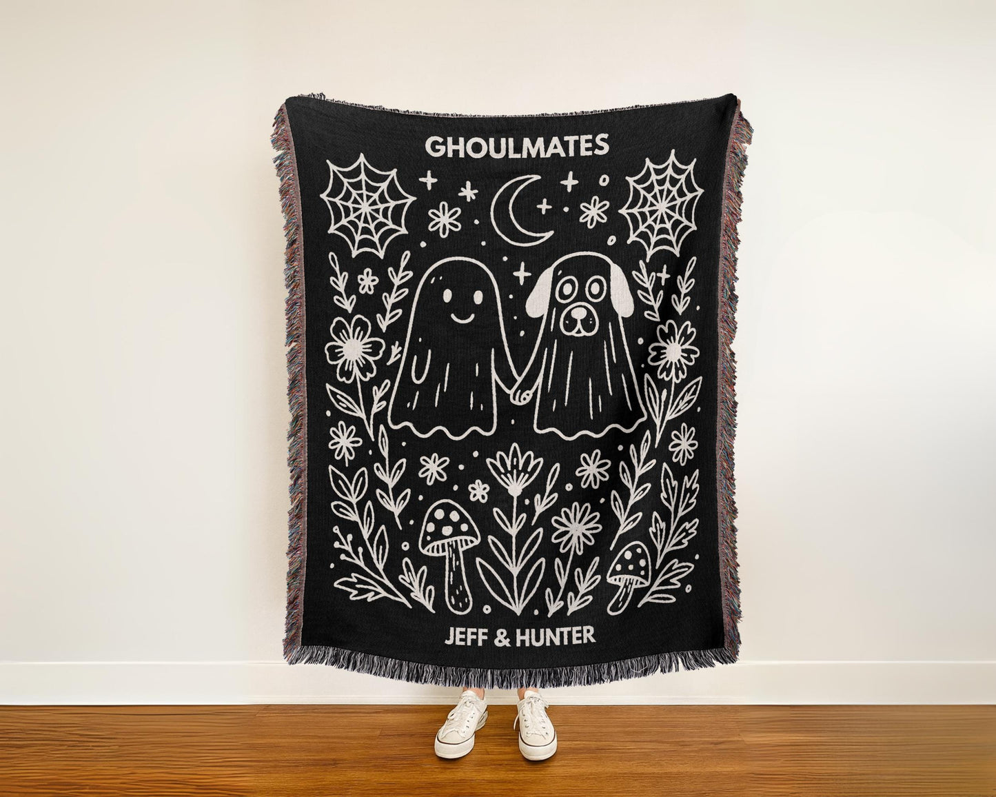 Custom Halloween Woven Blanket with Kawaii Ghost & Dog Ghost “Ghoulmates”