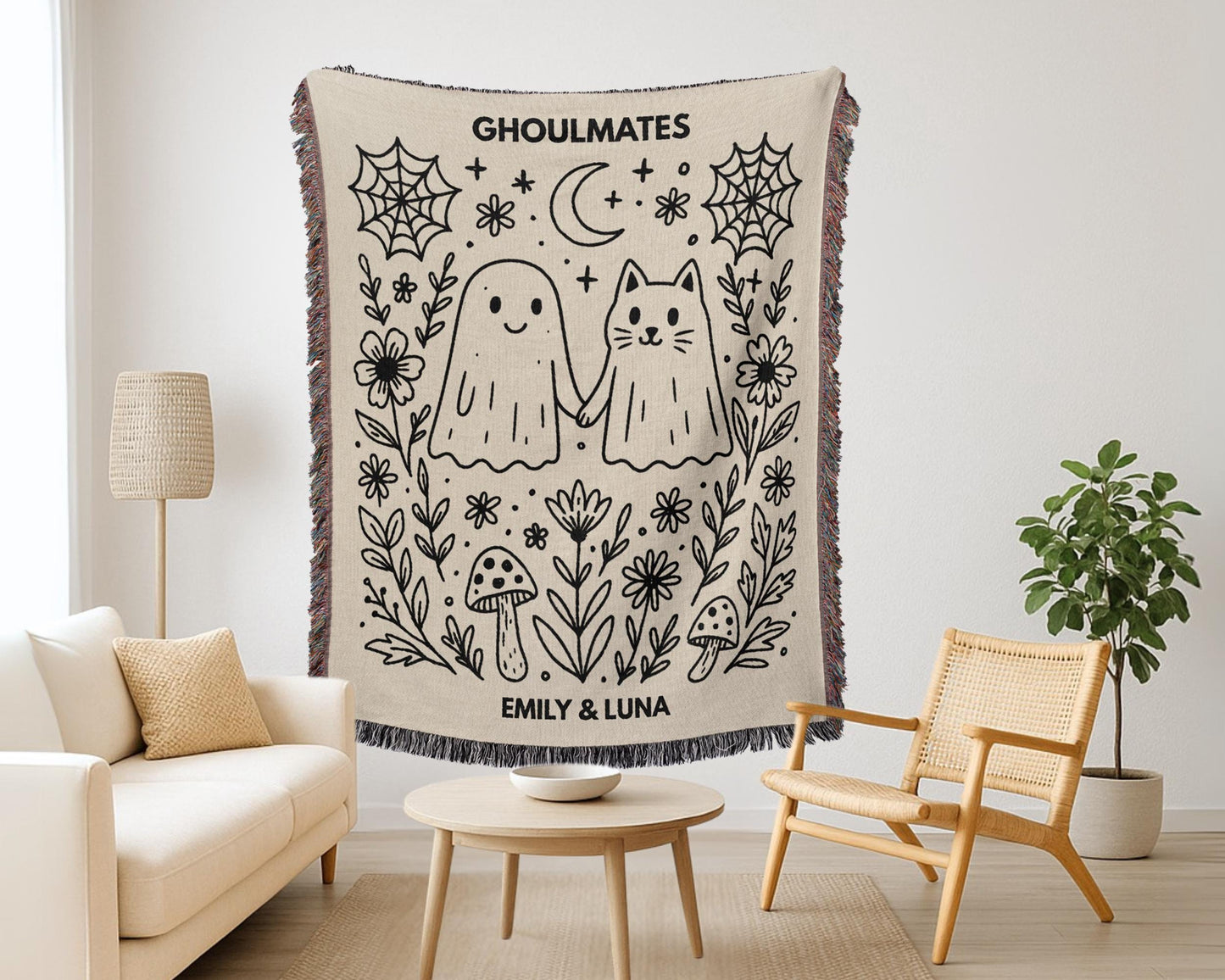 Custom Ghost Cat Ghoulmates Woven Blanket