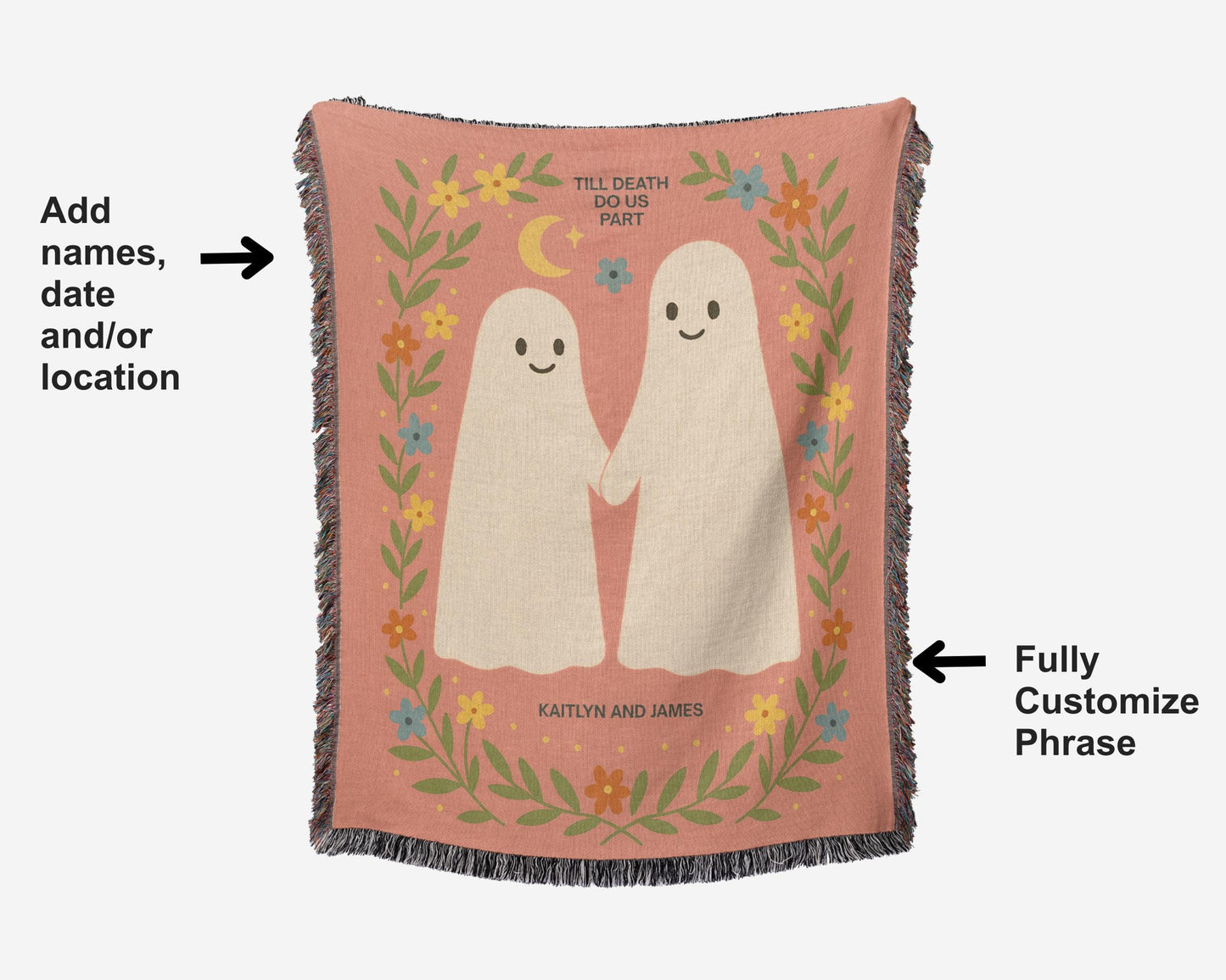 Personalized Halloween Woven Blanket with Cute Kawaii Ghosts