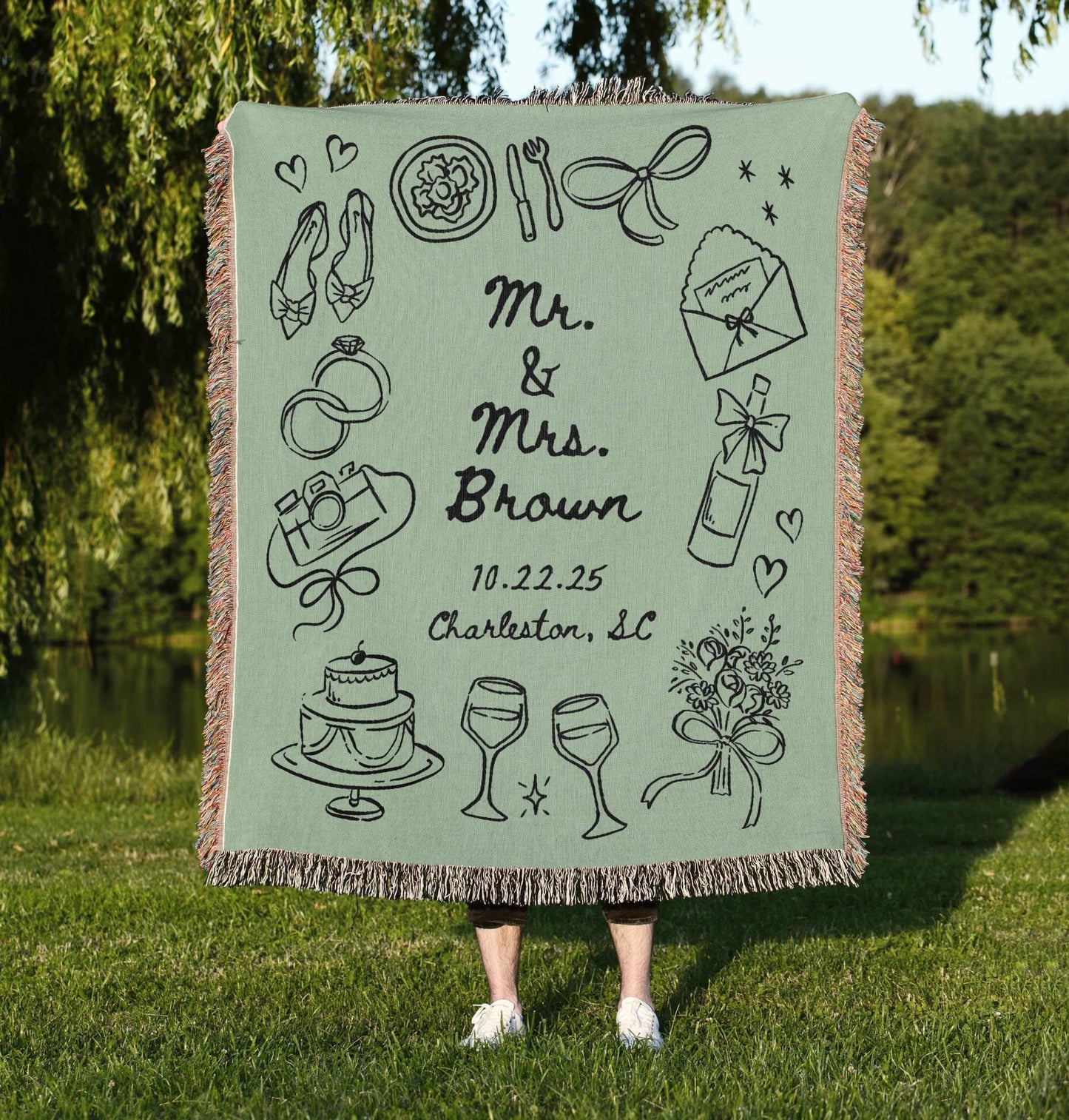 Sage Green Wedding Stamp Woven Blanket