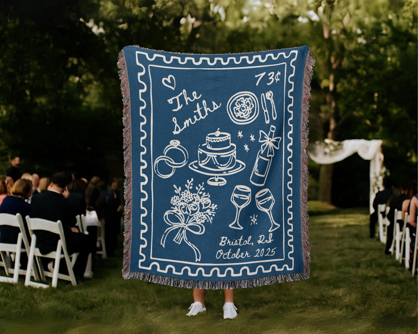 Blue Wedding Stamp Woven Blanket