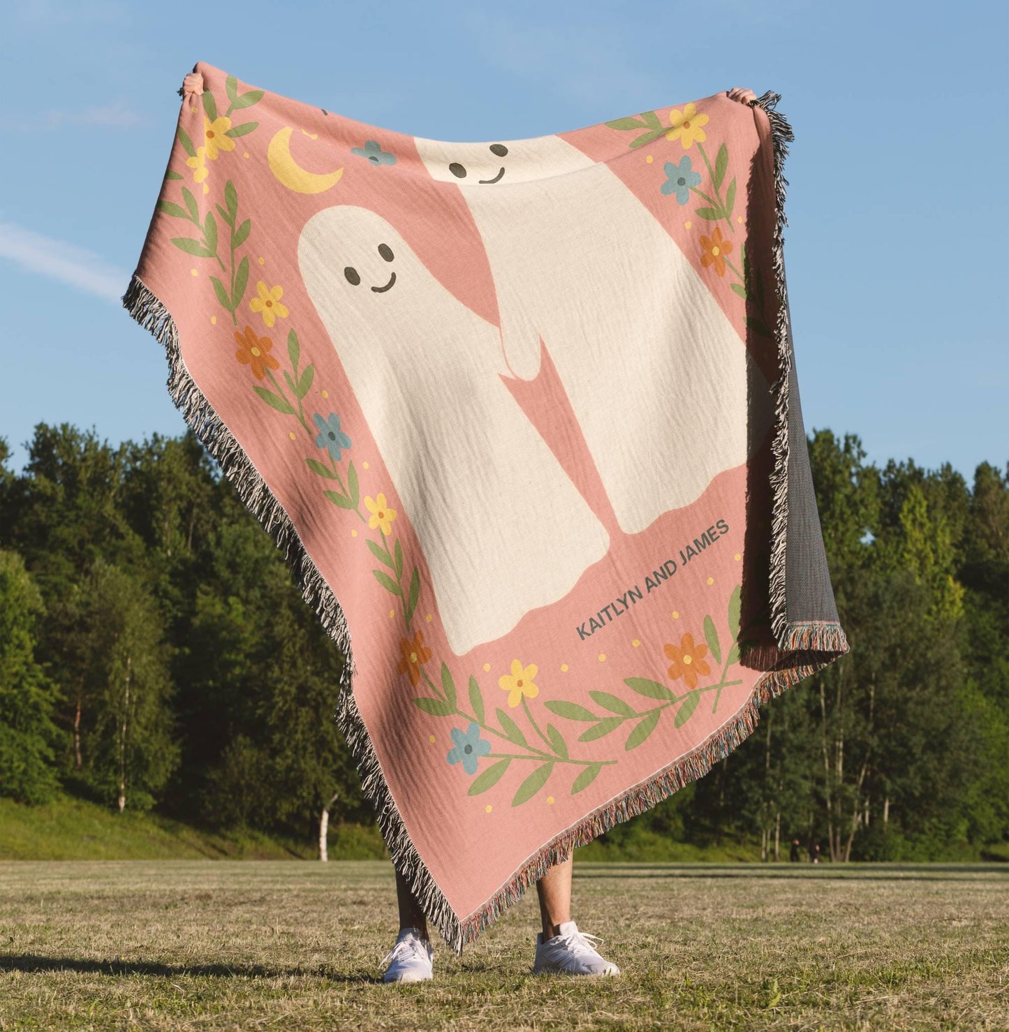 Personalized Halloween Woven Blanket with Cute Kawaii Ghosts