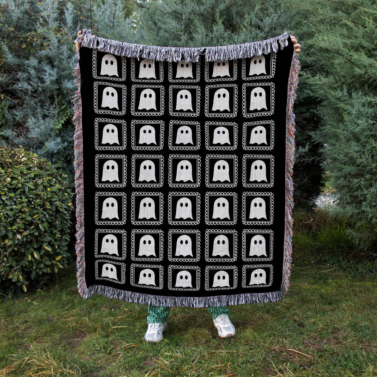Black Halloween Ghost Woven Blanket