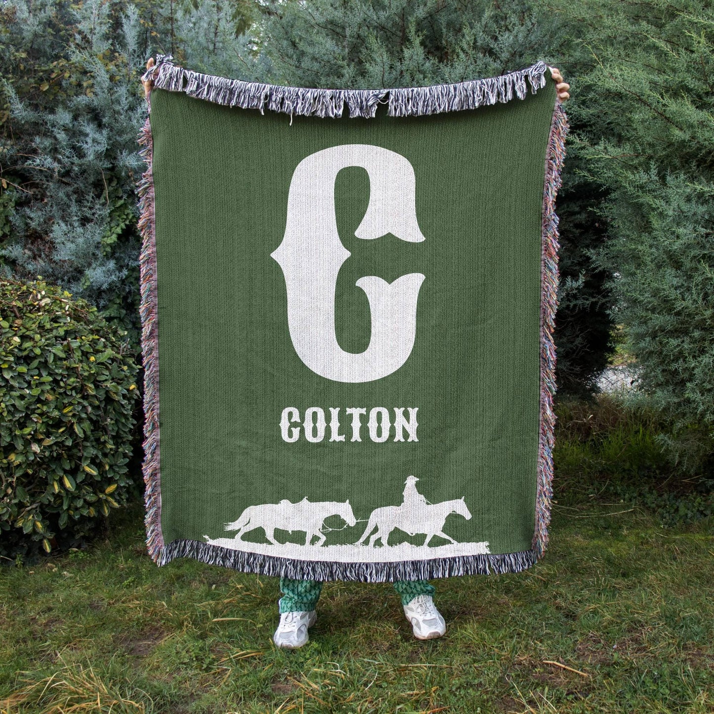 Green Cowboy Initial Woven Blanket